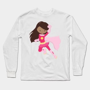 African American Girl, Superhero Girl, Pink Cape Long Sleeve T-Shirt